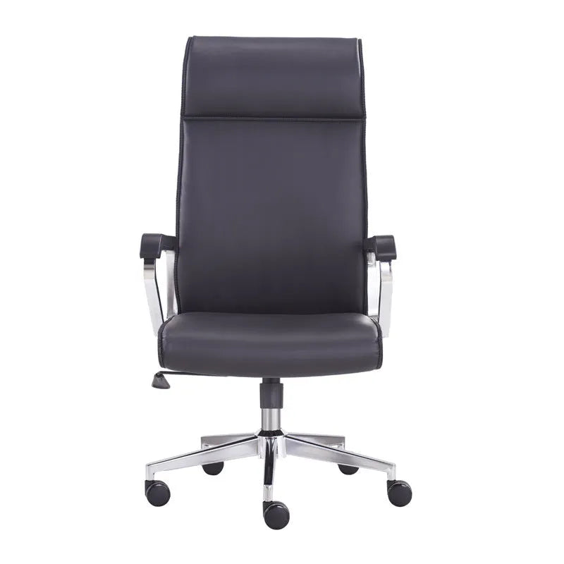 Simple black leather office chair with armrests and swivel base against a plain background