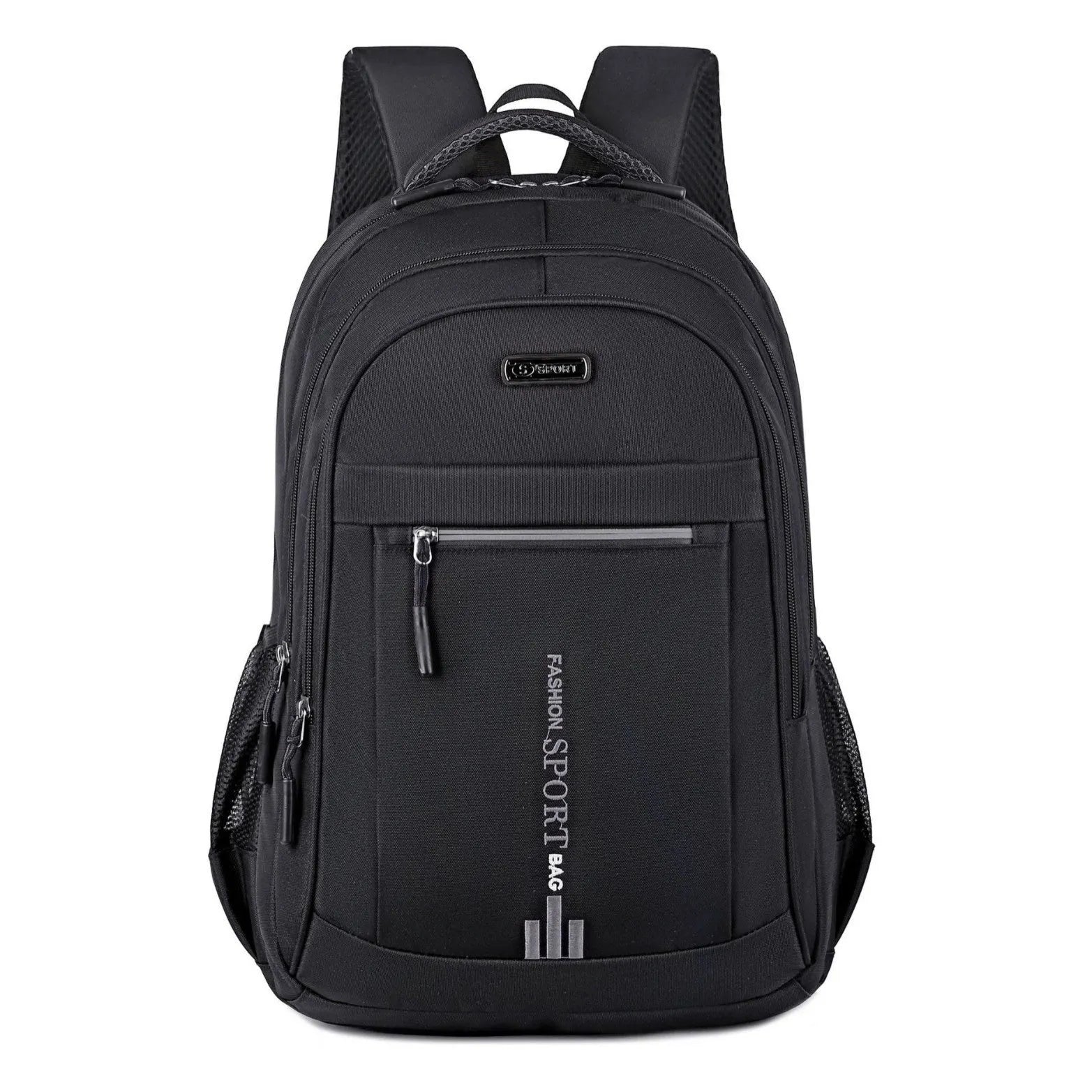Black capacity business travel backpack with airpillow straps and sewing line detail.