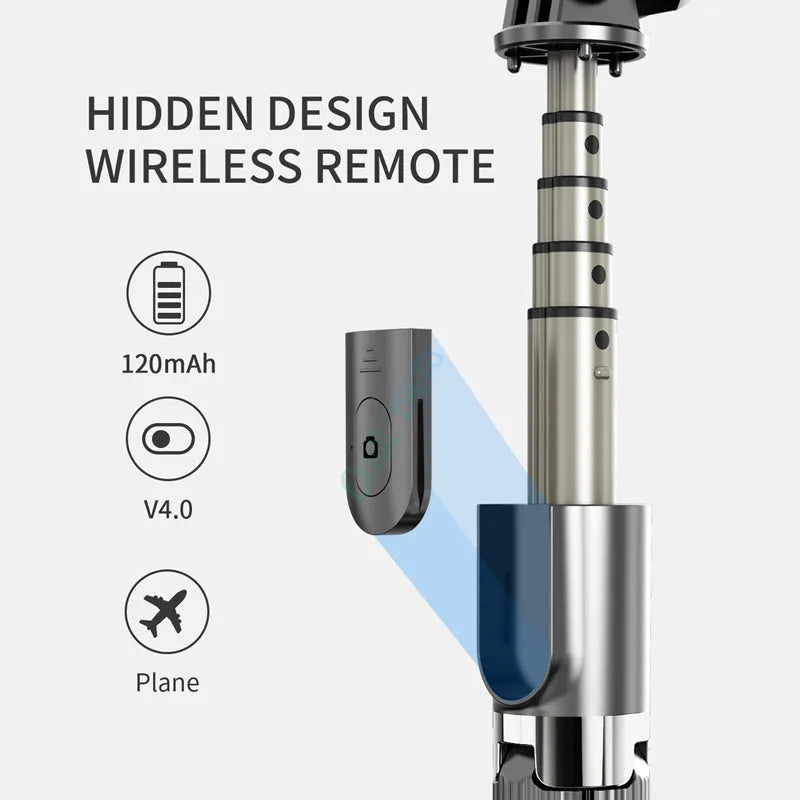 Black aluminium selfie stick with tripod base extended to mid-length next to an iPhone.
