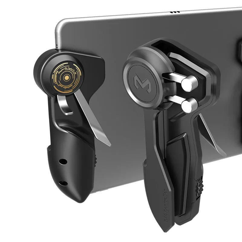 Black six-finger adjustable game controller for tablet and smartphone gaming.