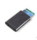 PU automatic card holder with aluminium alloy metal texture, slim design, RFID blocking card case