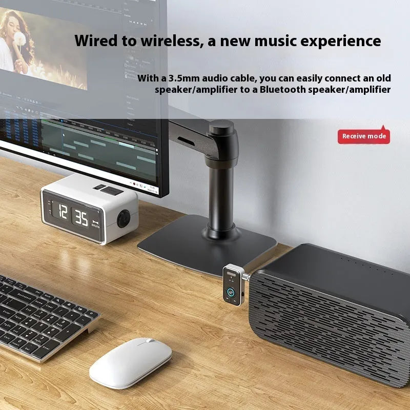 Bluetooth 5.3 audio receiver and transmitter with 3.5mm interface, Type-C power, 300mAh battery and 57x33x13.5mm body