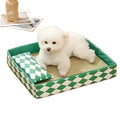 Blue rattan woven cat litter mat and cooling bed for pets on a wooden floor.