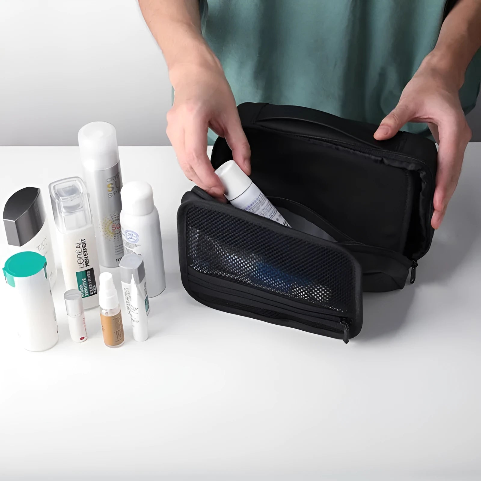 Oxford cloth toiletries storage bag with wet dry separation compartments in black, grey, or green.