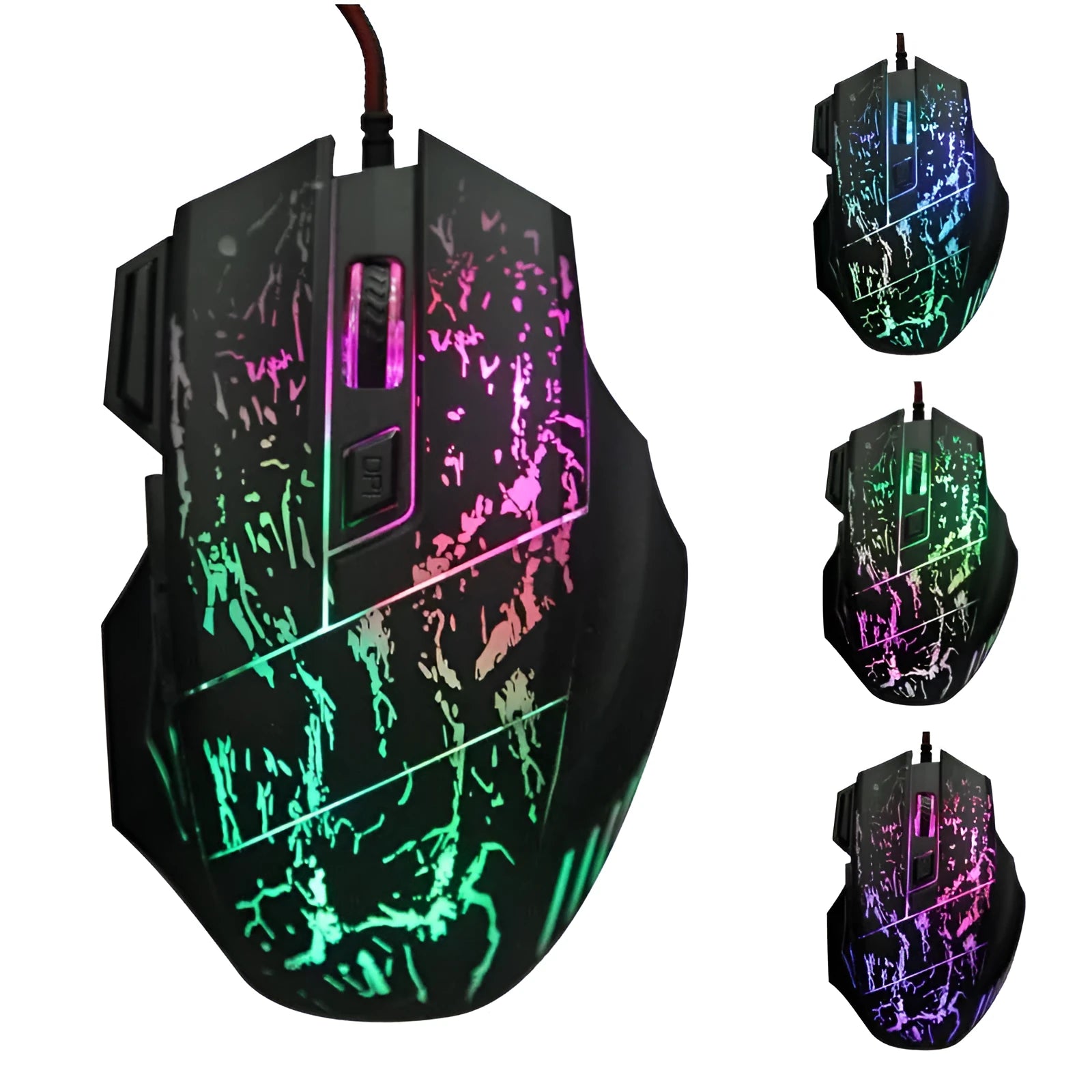 Black transparent wired optical gaming mouse with LED lighting and USB cable
