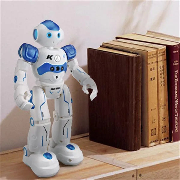 Blue remote control smart robot toy with gesture sensing and dance functions on a white background