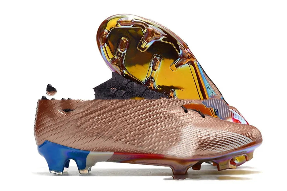 Men's low-top football shoes with knitted upper, rubber outsole with FG studs, shown in a front lace-up style.