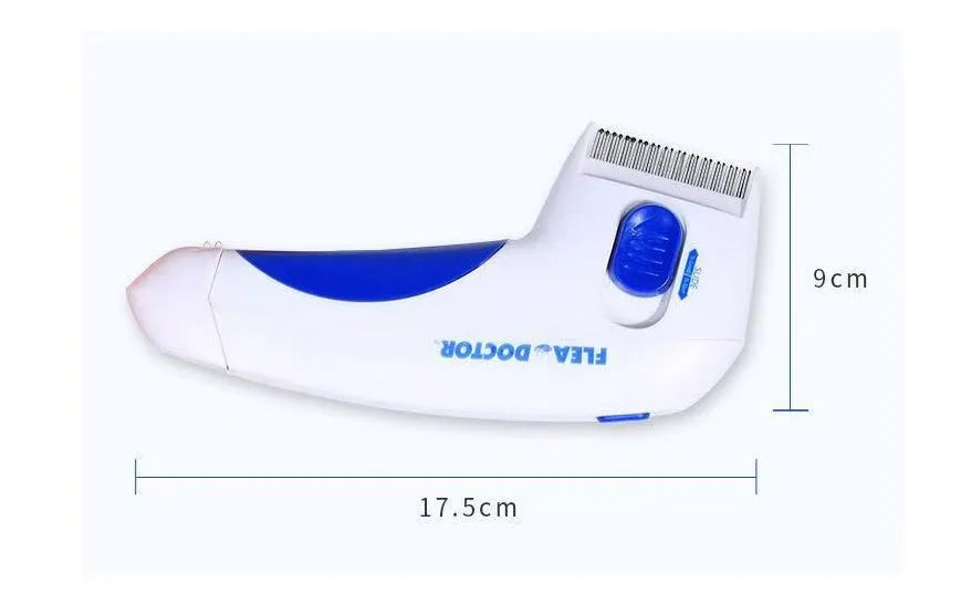 White electric pet lice remover comb with replaceable battery and cutter head, 17.5x9cm