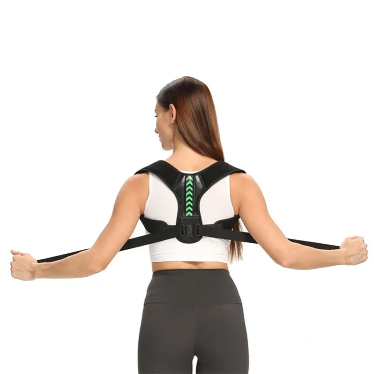 Anti camel sitting posture correction belt back support in black green arrow fish bone style with adjustable straps