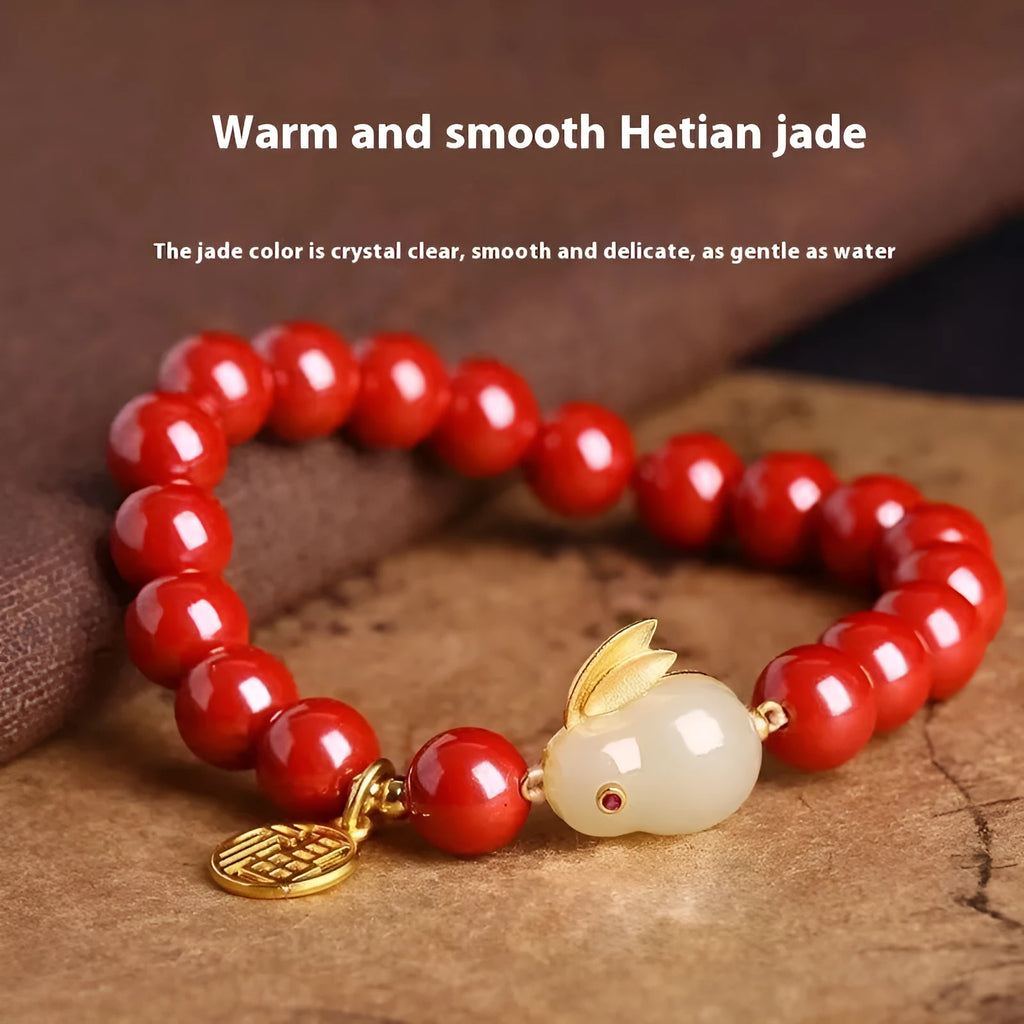 Purple gold sand cinnabar bracelet with jade hare charm in 6mm and 8mm bead sizes