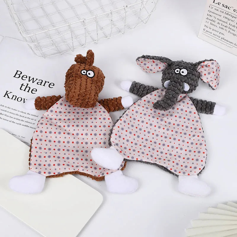 Brown, grey, and orange fox and elephant pet stuffed toys with velvet fabric and sound paper