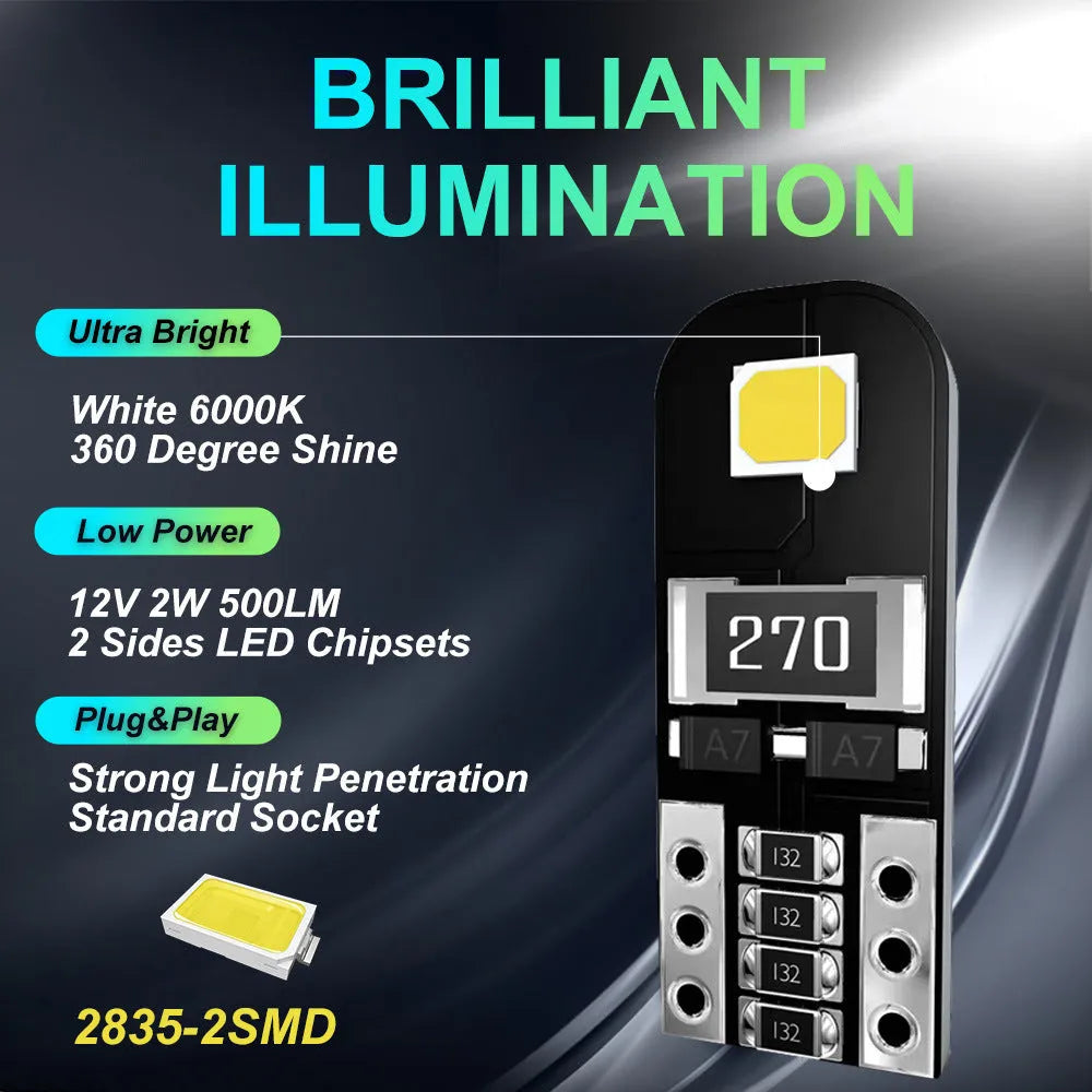T10 W5W 2W white LED car light bulb with circuit board construction and waterproof rating