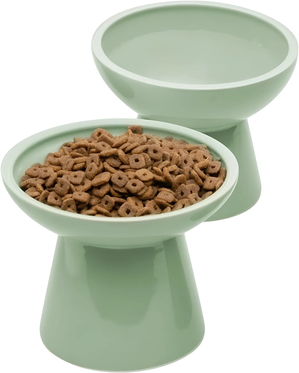 Ceramic elevated cat food and water bowl set in blue, showing wide shallow dish and raised base.