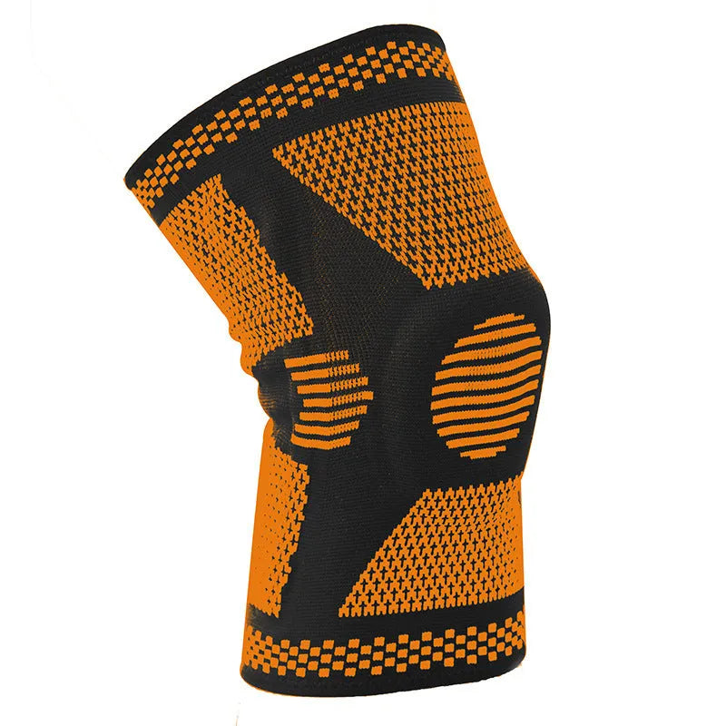 Polyamide sports knee pads with silicone spring support in green, blue, white, and orange colours