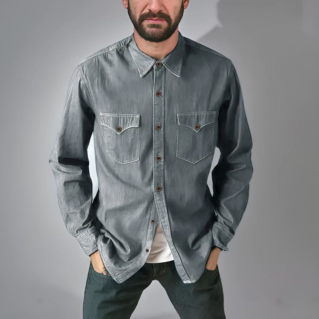 A khaki-coloured cotton denim cardigan coat with an open front, shown on a hanger.