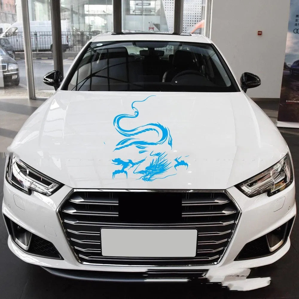 Large black dragon design car body sticker for front end application, showing 50x36cm size.