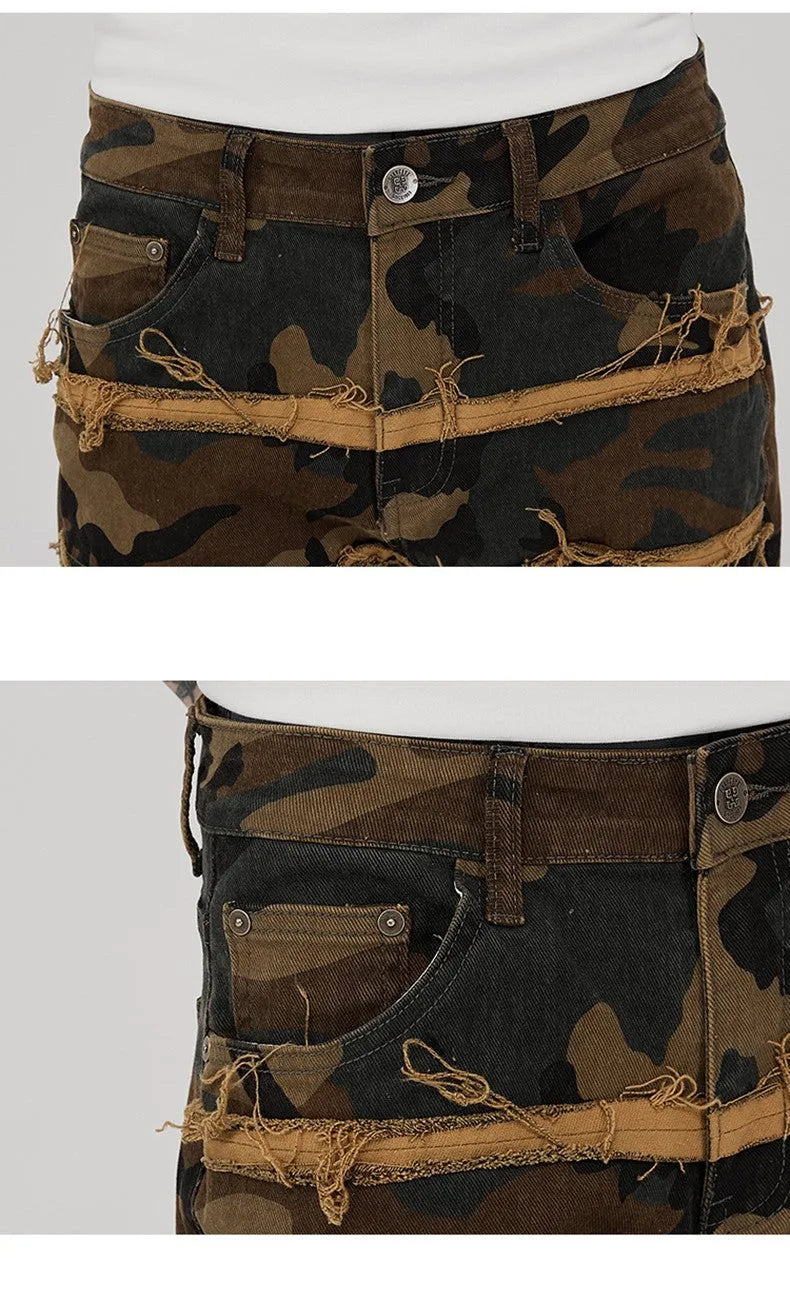 Men's camouflage trumpet leg jeans in 98% cotton denim with micro-elastic finish and colour matching.
