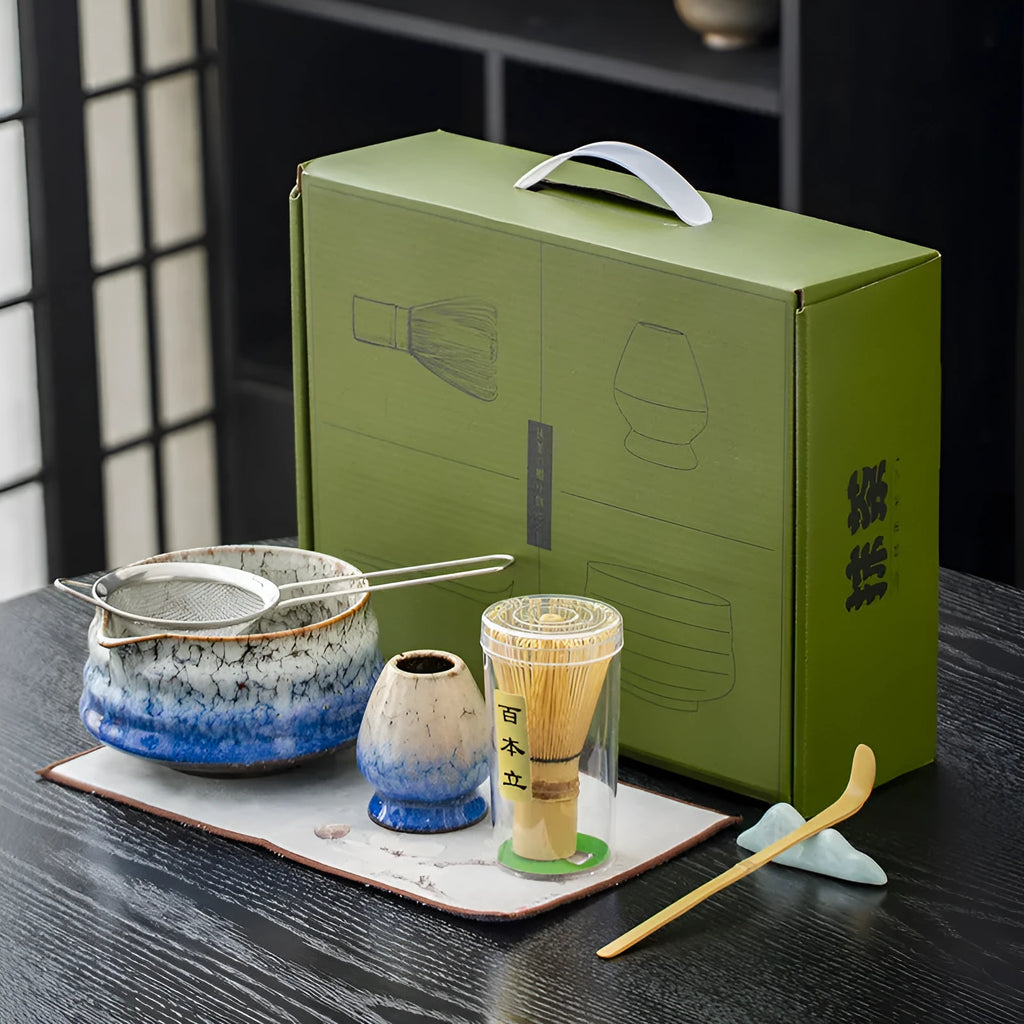 Japanese style matcha bowl set 7-piece gift box with bamboo whisk stand and ceramic bowl in cherry blossom blue