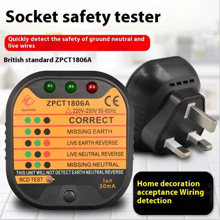 Black socket tester with three prongs and LED indicators for UK EU US wiring fault detection