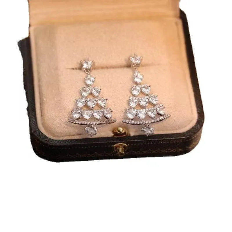 Women's silver needle Christmas tree earrings in gold and silver pair, alloy electroplated geometric shape with Christmas bell