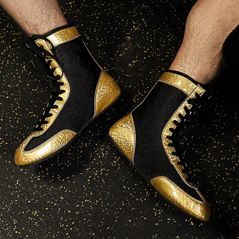 Black gold mesh and white leather professional boxing shoes with non-slip sole for wrestling training