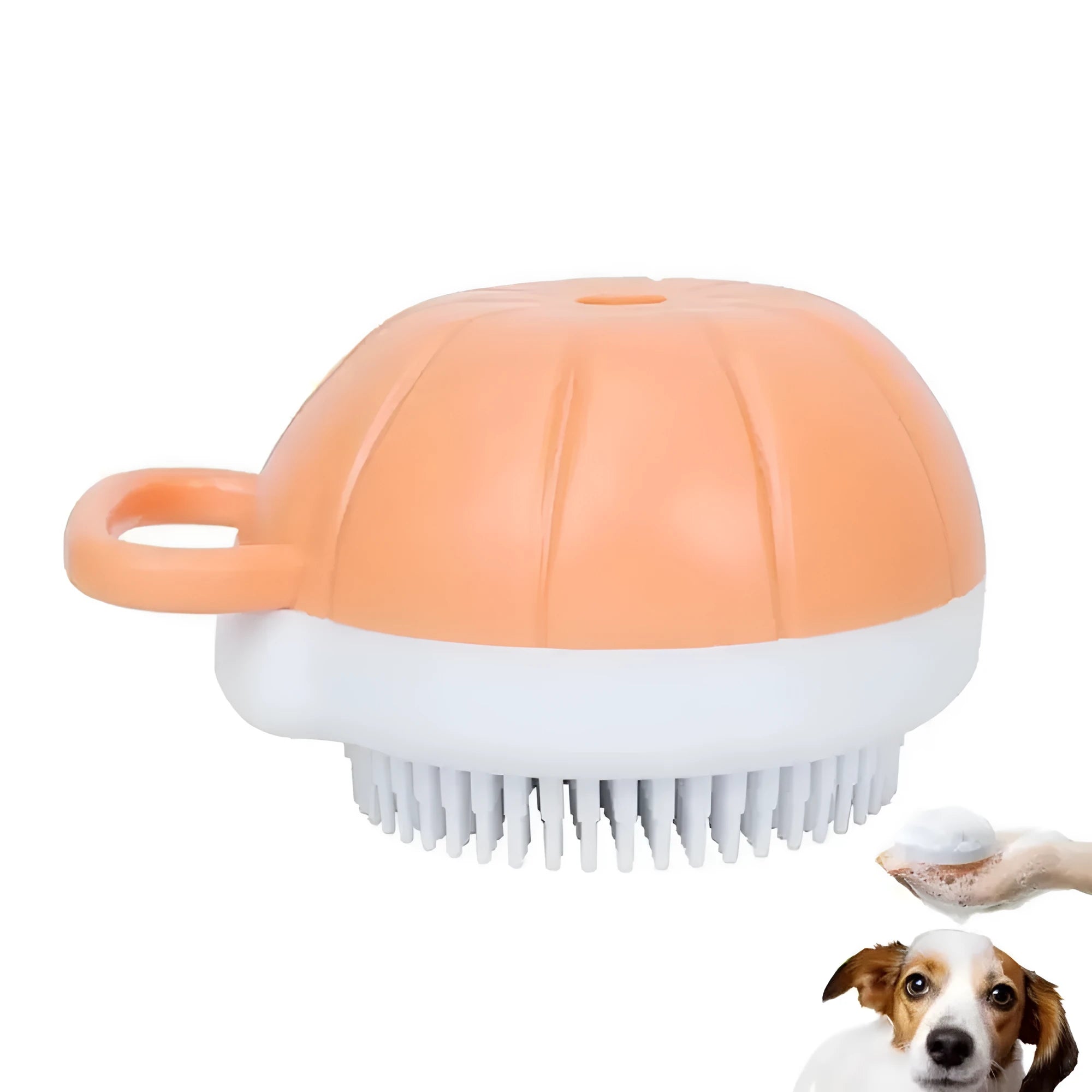 Orange TPR dog shampoo brush with silicone comb teeth and pumpkin-shaped ergonomic handle