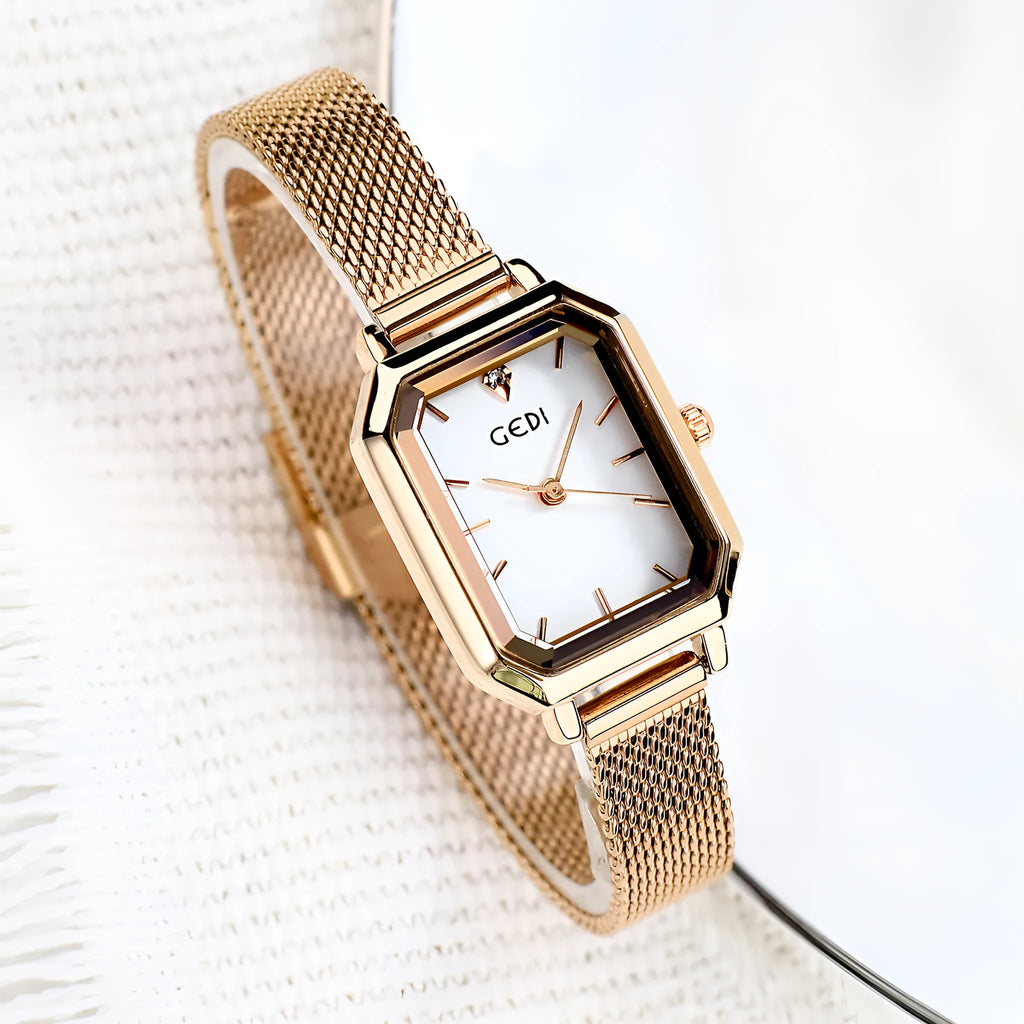 Women's square retro casual watch with rose shell case and multiple colour combinations showing 8mm thickness