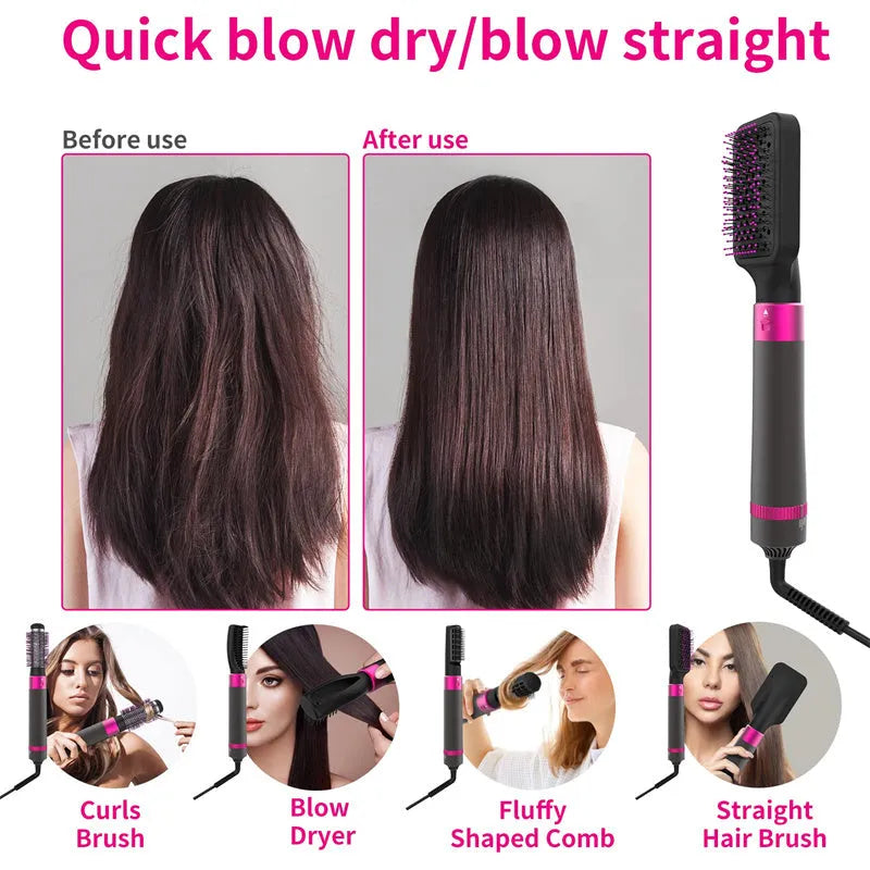 Dyson grey 5-in-1 hair dryer brush styling tool with multiple brush attachments on a white background.