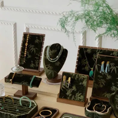 Solid wood walnut necklace display stand with hand-painted bamboo ink painting design