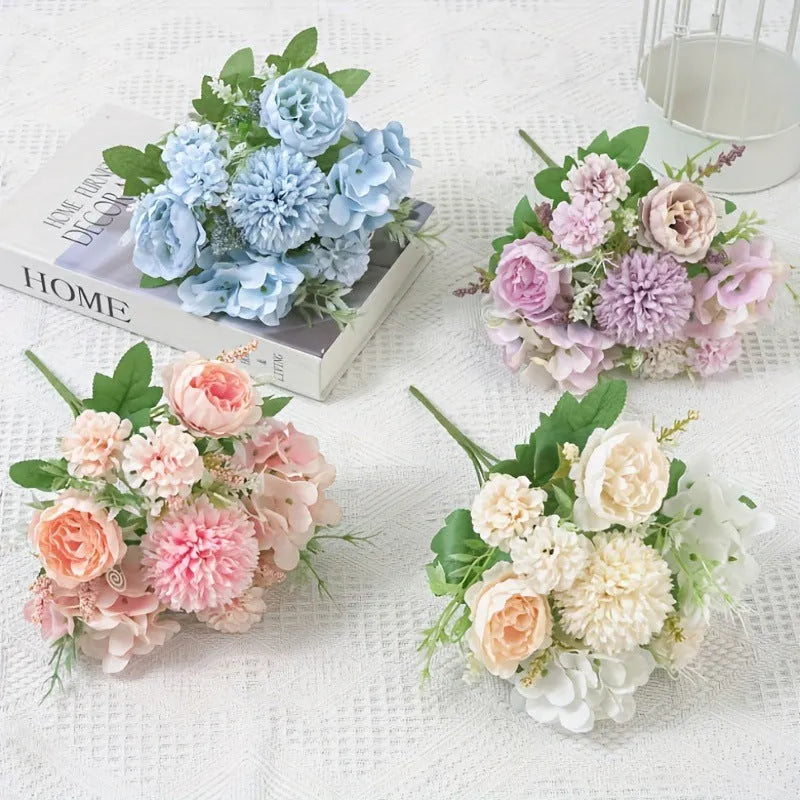 Artificial silk and plastic hydrangea flower combination in blue, white, and pink, with green plastic leaves, shown as a set of four stems