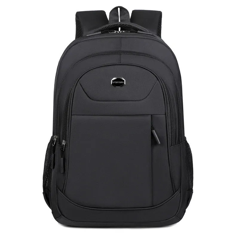 Solid colour Oxford cloth laptop backpack with curved shoulder straps and multi-layer compartments.