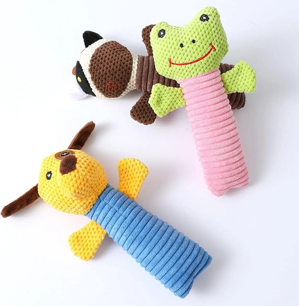 Soft plush dog chew toys in calf, frog and puppy designs with squeakers