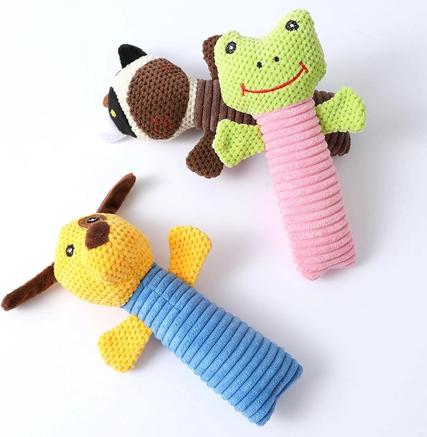 Soft plush dog chew toys in calf, frog and puppy designs with squeakers