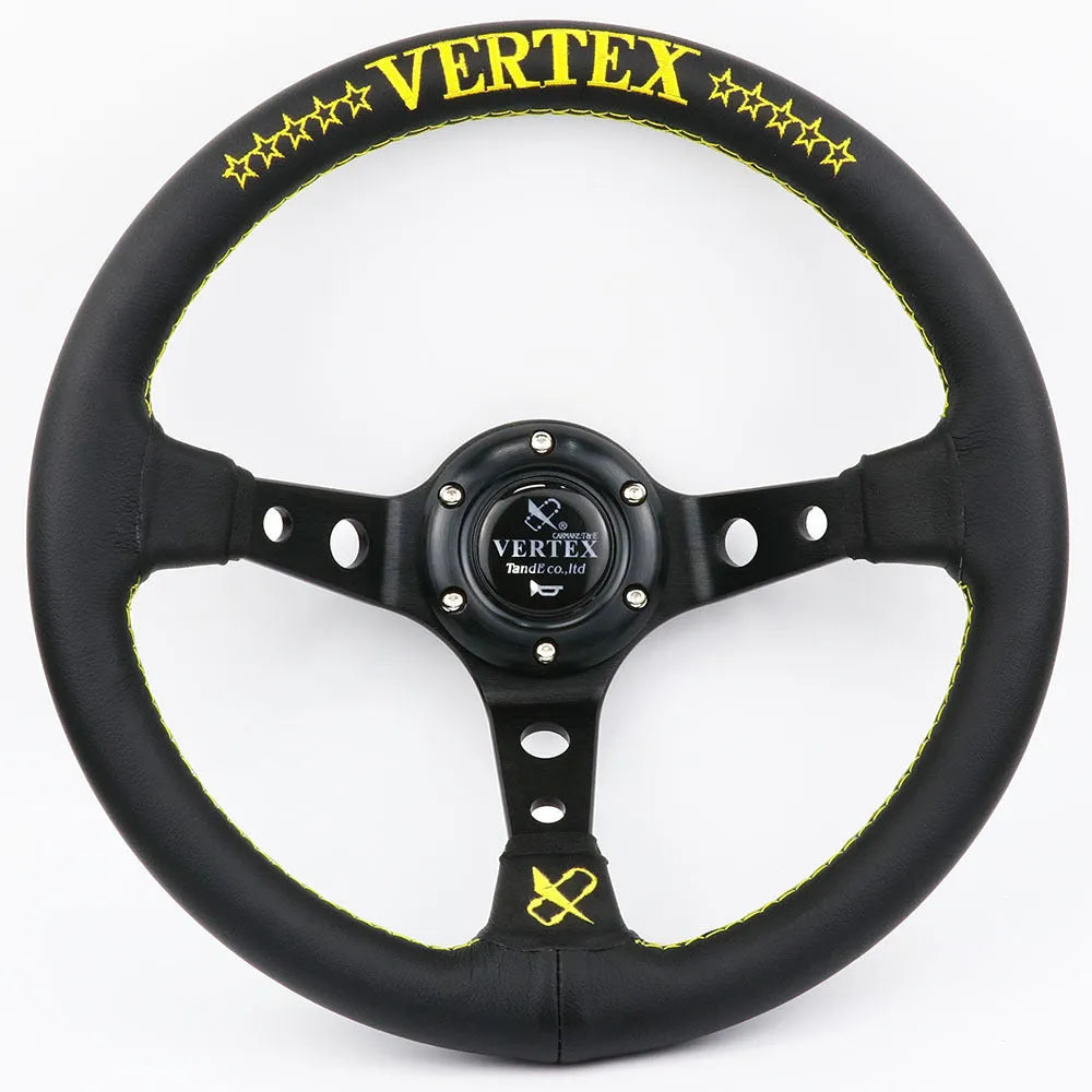 Black alloy racing steering wheel with deep concave rim and star embroidery pattern.
