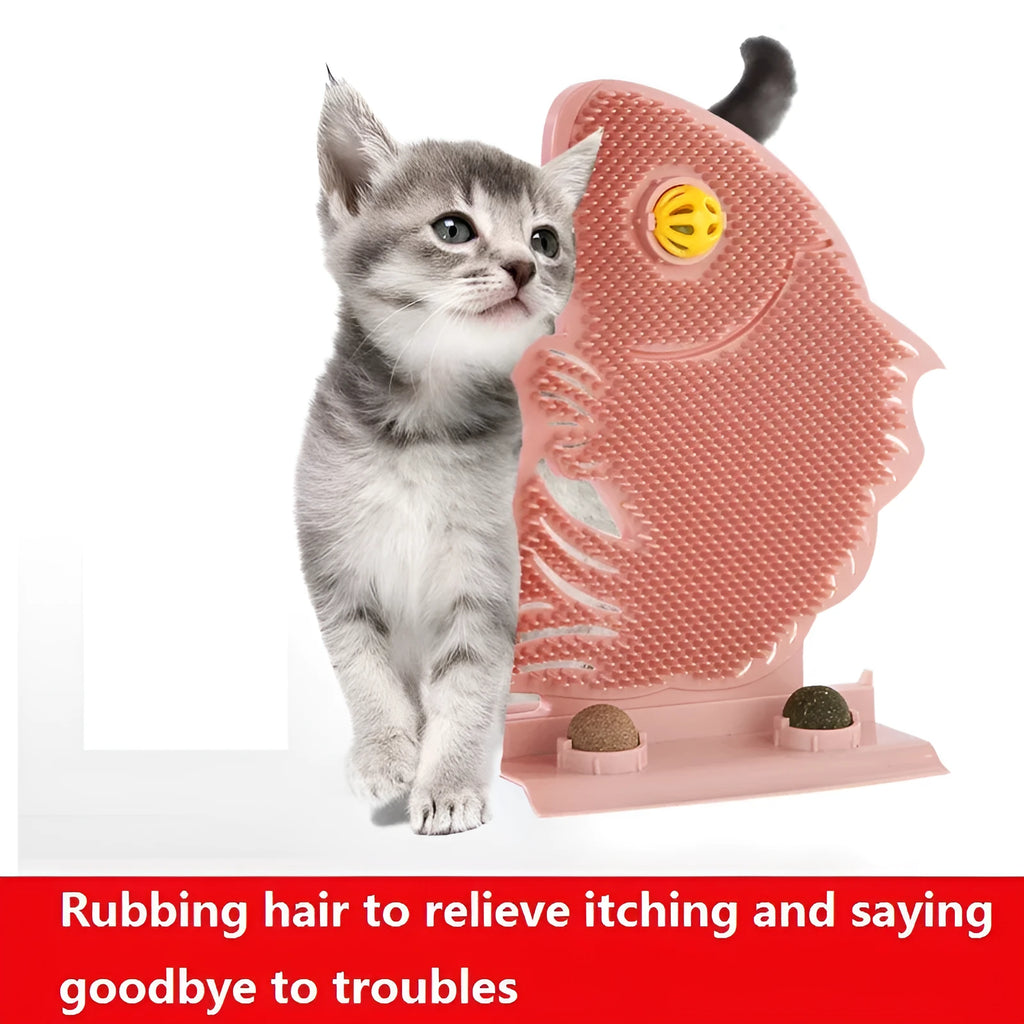 Blue, grey, or pink plastic fish-shaped cat wall scratcher toy set with catnip balls and a bell.