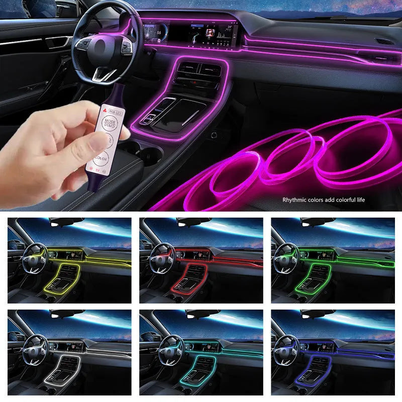 Car USB RGB LED light strip with integrated optical fibre and manual controller for colour selection