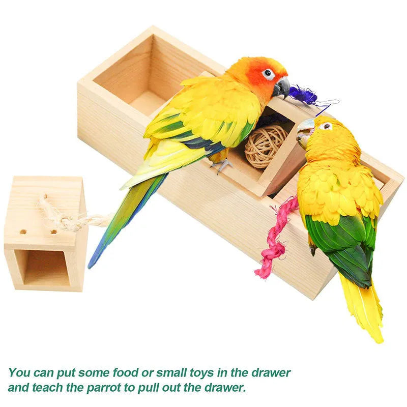 Wooden bird toy puzzle training set with three pieces on a light background