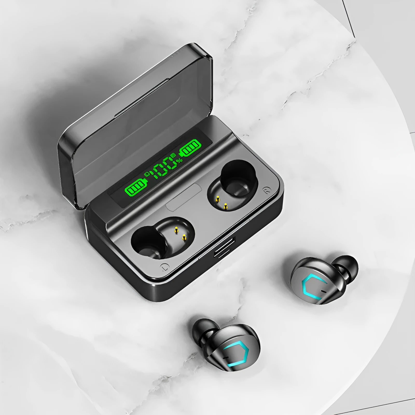 F9 Smile wireless Bluetooth earbuds in black with touch fingerprint design and power display