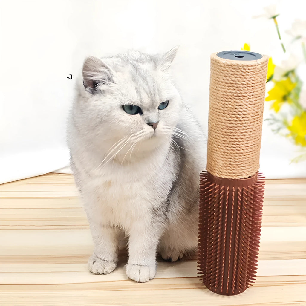 Brown sisal scratching post for cats with attached face toy, 30cm tall