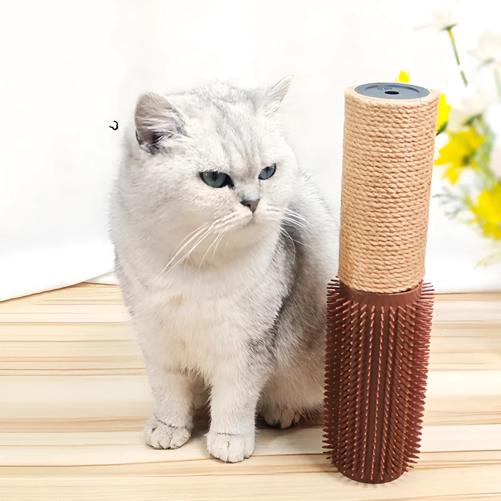 Brown sisal scratching post for cats with attached face toy, 30cm tall