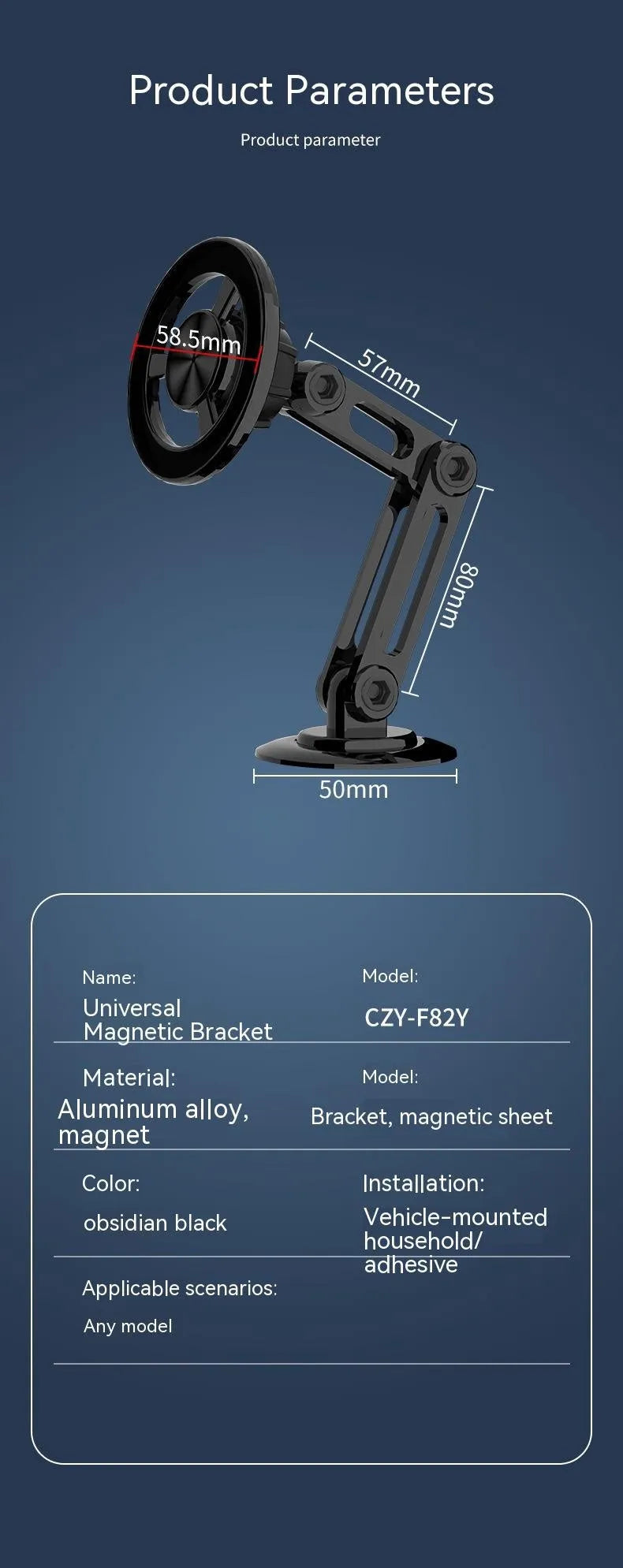 All-metal magnetic car phone holder showing 360-degree rotation mechanism and colour options