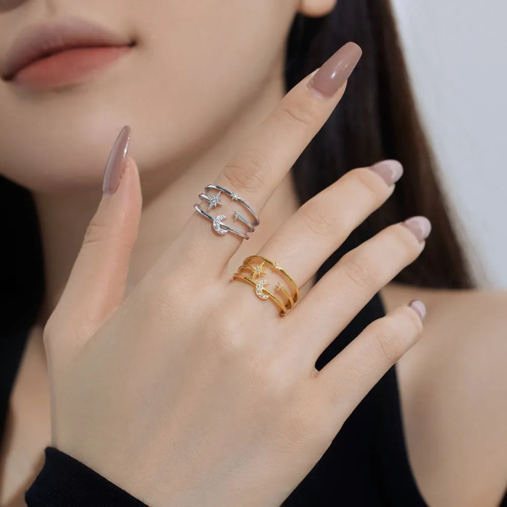 S925 sterling silver ring with zircon inlay, adjustable opening, geometric hexagon design in Japanese Korean style