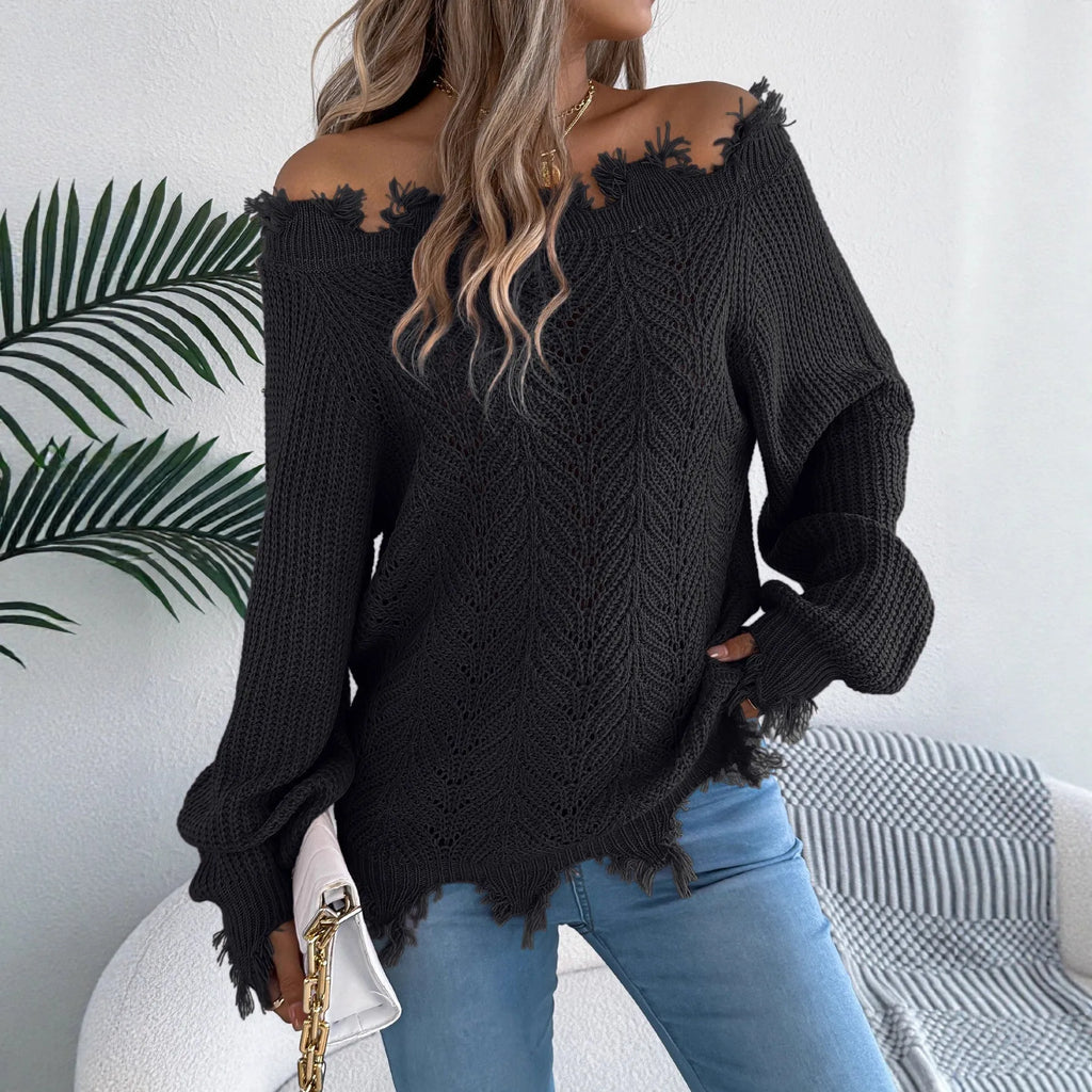 Hollow-out off-shoulder pullover sweater in artificial wool fabric, shown in black colour