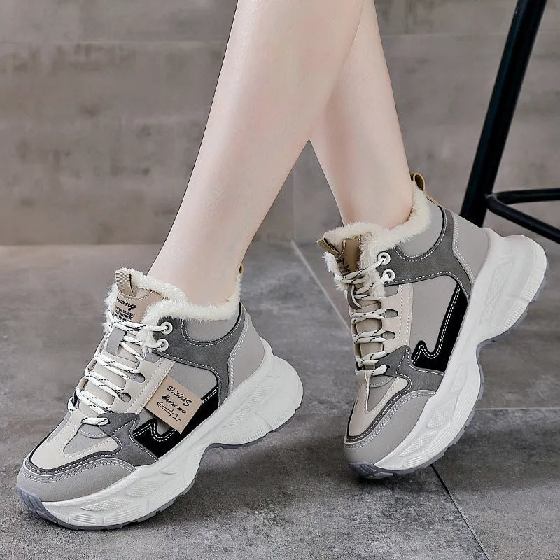 Women's winter thermal fleece-lined sneakers, round toe, mid heel, front lace-up, in black, blue, and gray