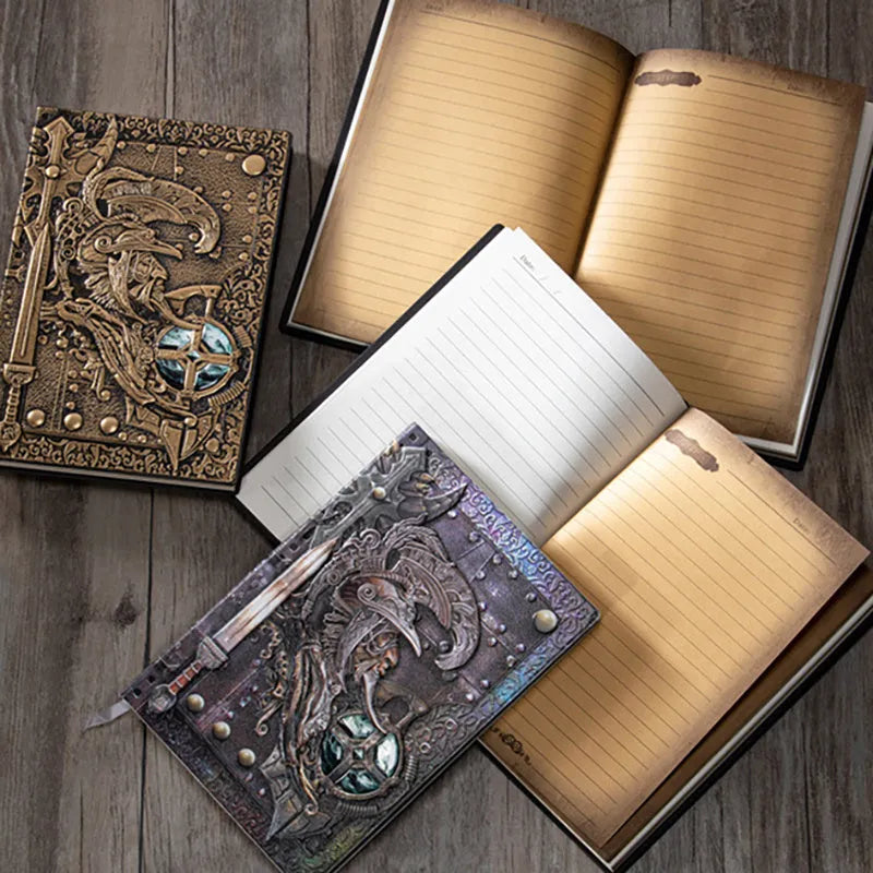 Handmade leather A5 notebook with a detailed embossed 3D warrior relief on the cover.