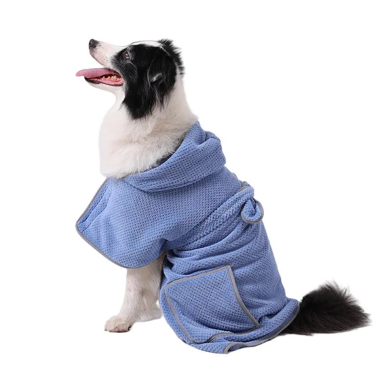 Blue dog bath robe towel with adjustable waistband on a medium-sized dog after a bath