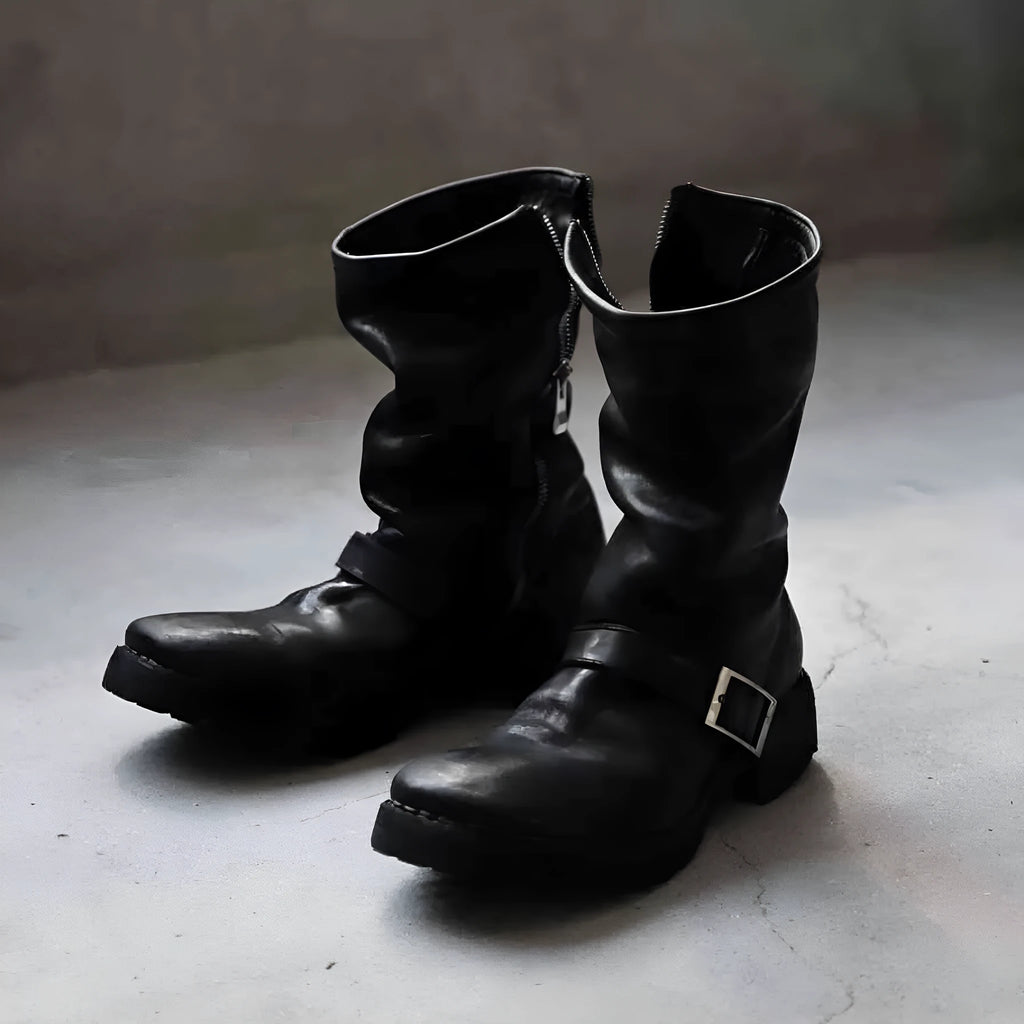 Men's dark retro Martin boots with zipper closure and round toe in black and leather black options