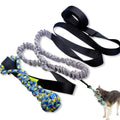 Green cotton rope dog tug toy with a knotted rubber chew ball in the centre.