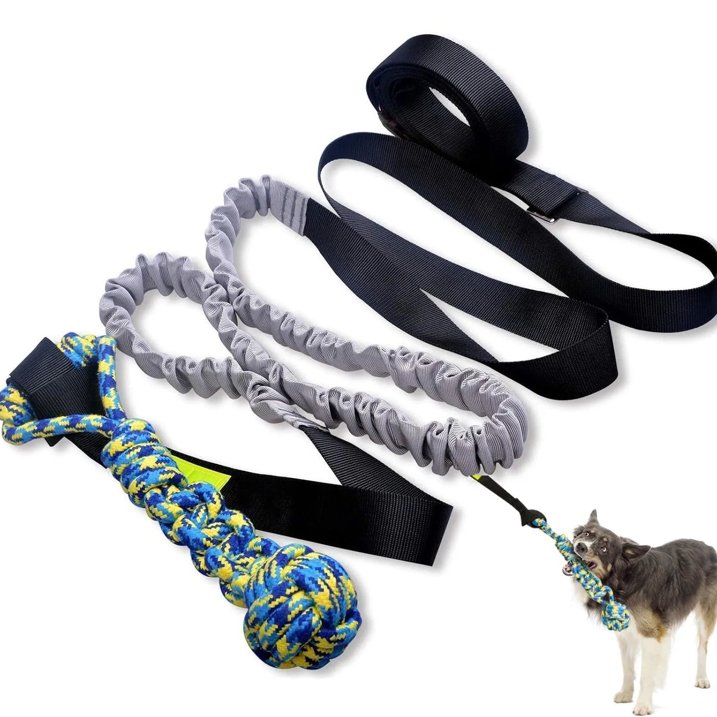 Green cotton rope dog tug toy with a knotted rubber chew ball in the centre.