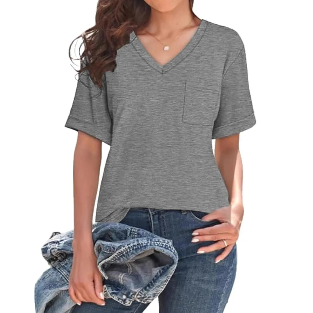 Grey men's loose fit V-neck t-shirt with a chest pocket on a solid background